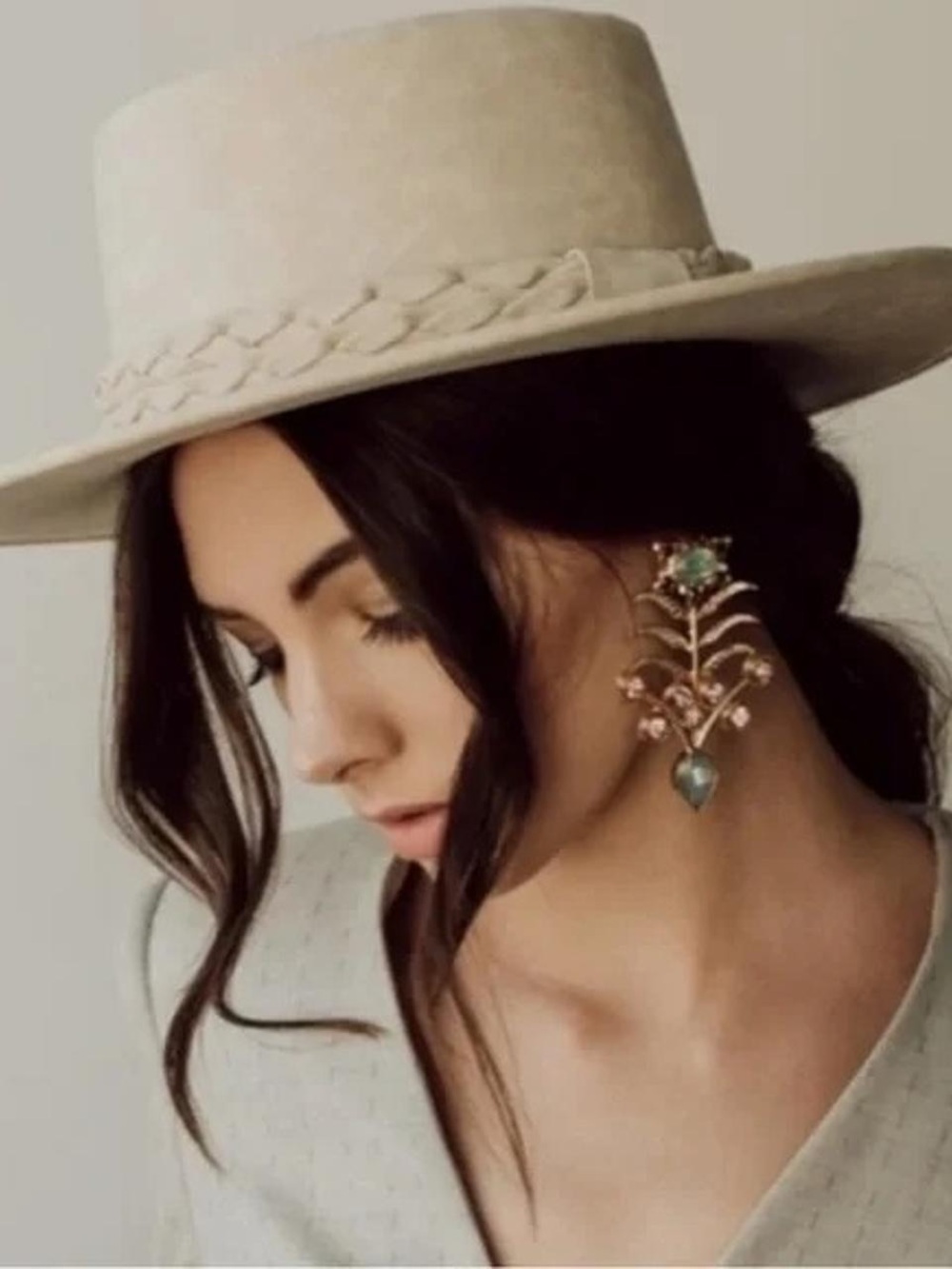 Anthropologie Cream Braided-Band Wide Brim Hat